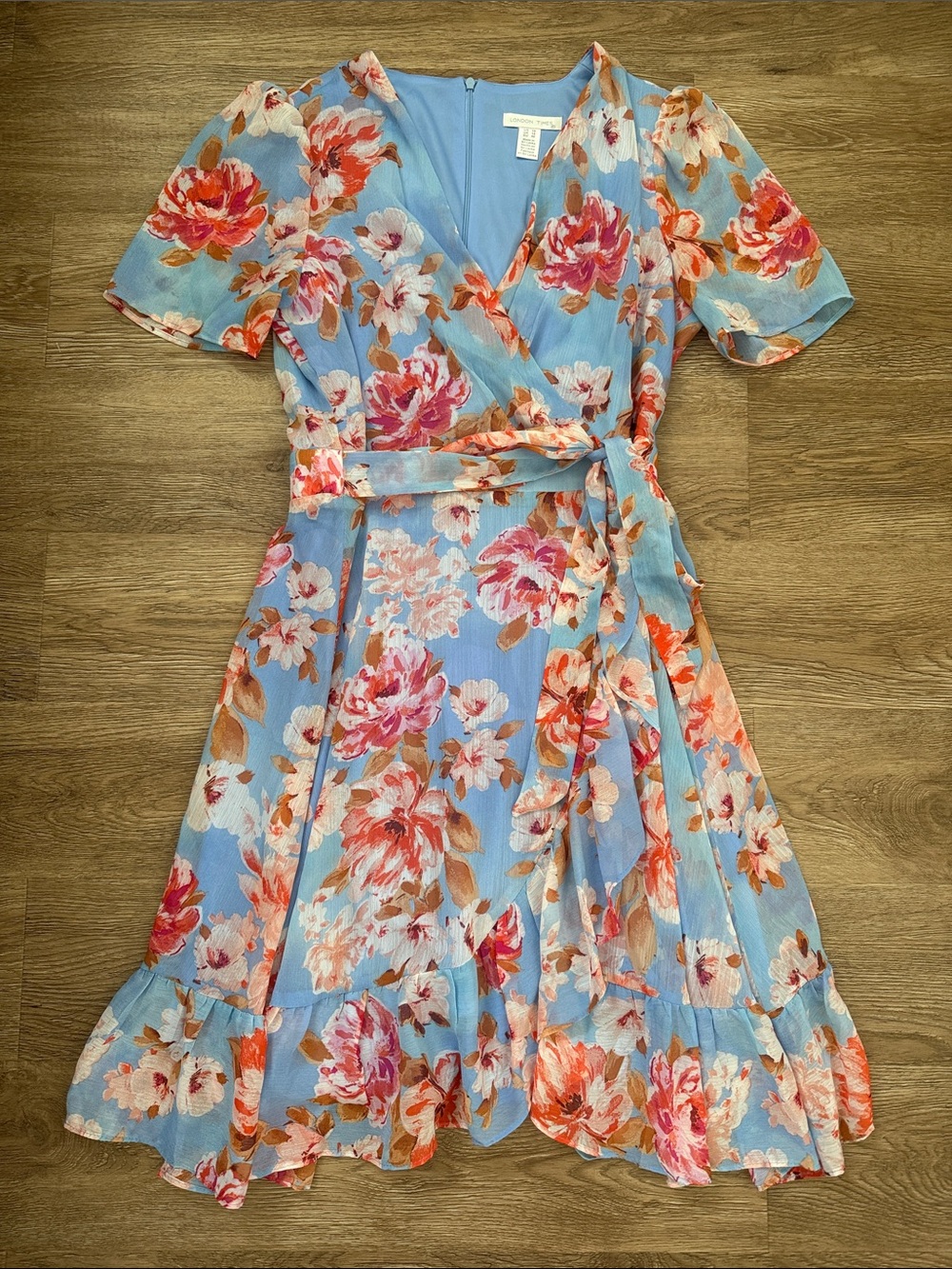 London Times Light Blue Floral Wrap Midi Dress